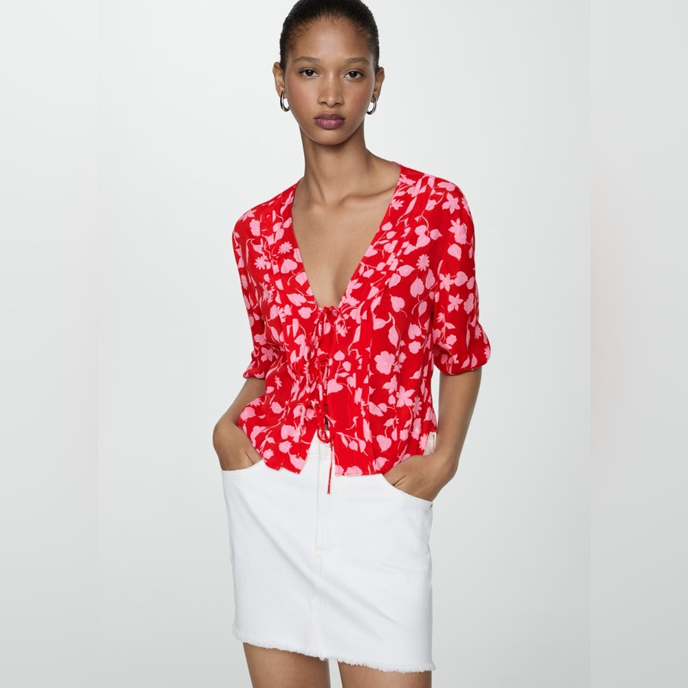 Mango red and pink blouse with floral print, size XS or US 2